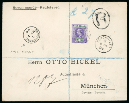 Stamp of Seychelles 1903 KEVII 30c violet and dull green used on registered cover to Germany