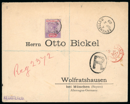 Stamp of Seychelles 1890-92 96c mauve and carmine on envelope sent registered to Germany