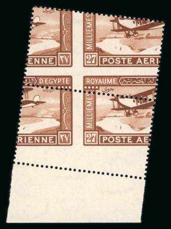 Stamp of Egypt » Airmails 1929 Airmail 27m brown, Royal oblique perforations in mint nh bottom marginal vertical pair, fresh, very fine and scarce