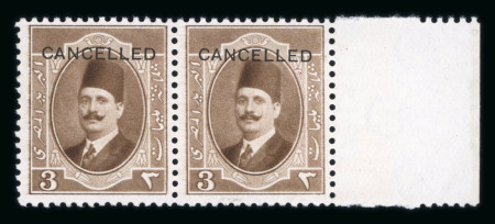 Stamp of Egypt » 1922-1936 King Fouad I Definitives » Issued Stamps 1923-24 King Fouad 1st Portrait Issue: 3m dark-brown, mint nh right sheet marginal horizontal pair, both with CANCELLED ovpt, one creased, very fine (Nile Post Specimen Type A)