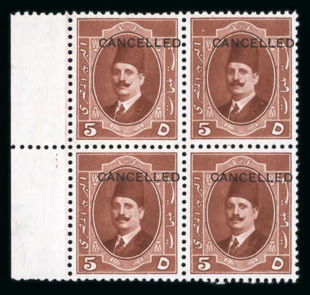 Stamp of Egypt » 1922-1936 King Fouad I Definitives » Issued Stamps 1923-24 King Fouad 1st Portrait Issue: 5m red-brown, mint and mint nh right sheet marginal block of four, all with CANCELLED ovpt, one creased, very fine (Nile Post Specimen Type A)