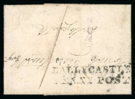 Stamp of Ireland » Postal History (Arranged alphabetically by County) Antrim - Ahoghill to Belfast: 1826-1860 Attractive group of sixty-five covers or part covers mounted on 55 album pages, showing an array of postal markings including mileage mkgs ANTRIM/93 in red (2), BALLINDERRY/75 in b