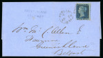 Stamp of Ireland » Postal History (Arranged alphabetically by County) Antrim - Ahoghill to Belfast: 1826-1860 Attractive group of sixty-five covers or part covers mounted on 55 album pages, showing an array of postal markings including mileage mkgs ANTRIM/93 in red (2), BALLINDERRY/75 in b