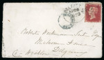 Stamp of Ireland » Postal History (Arranged alphabetically by County) Antrim - Ahoghill to Belfast: 1826-1860 Attractive group of sixty-five covers or part covers mounted on 55 album pages, showing an array of postal markings including mileage mkgs ANTRIM/93 in red (2), BALLINDERRY/75 in b