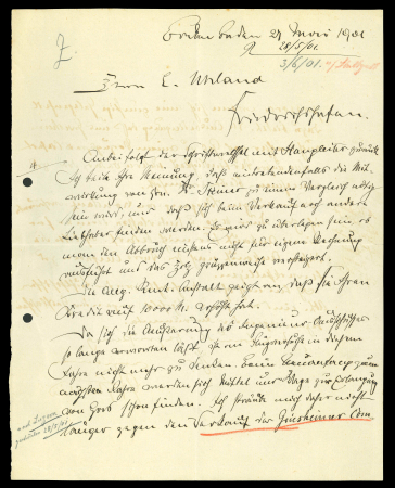 Stamp of Aerophilately » Zeppelins Count Ferdinand von Zeppelin handwritten letter, dated May 28 1901, two-sided, with contents including the purchase of the Griesheim airfield
