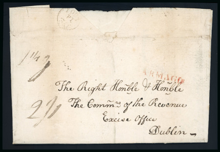 Stamp of Ireland » Postal History (Arranged alphabetically by County) Armagh - Armagh to Verner's Bridge: 1801-1859 Attractive group of forty-nine covers or part covers mounted on 38 album pages, showing an array of postal markings including mileage mkgs ARMAGH/66 in red and blue, FLURRYBR
