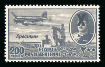 Stamp of Egypt » Airmails 1947 Airmail 2m to 200m complete mint nh set of twelve (12), showing small italic Specimen ovpt and X superimposed on the King's face, both in black, fresh, very fine and rare