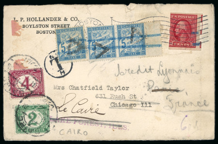 Stamp of Egypt » Postage Dues 1914 Envelope from Boston via France and finally to Cairo, showing both French and Egyptian postage dues, a scarce combination usage