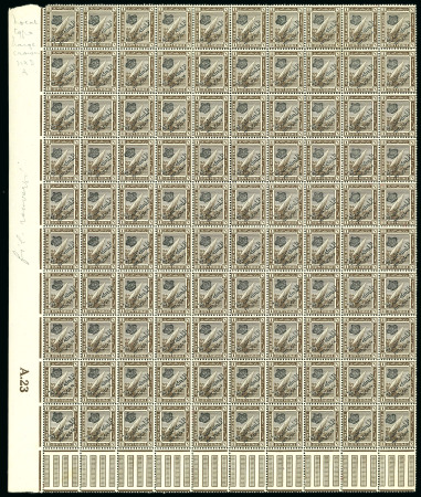Stamp of Egypt » 1922 Crown Overprints 1922 Type III: 1m brown, mint and mint nh complete marginal pane of one hundred (100), with control number A.23, showing inverted watermark, usual perf. reinforcements, fresh, very fine and a scarce sheet 