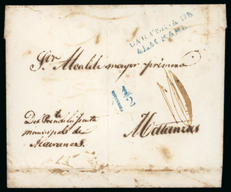 Stamp of Cuba » Internal Mail Cuba undated envelope to Matanzas, blue CARTERIA DE/ ALACRANES