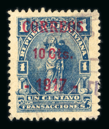 Stamp of Bolivia Bolivia 1917 10c on 1c surcharged revenue stamp in red used small thin