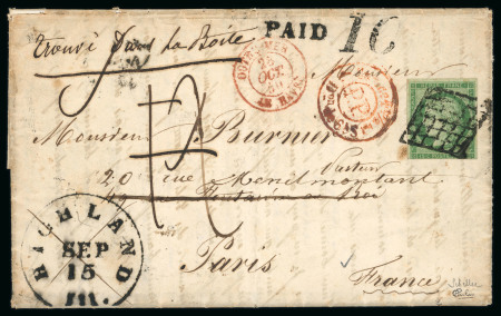 Stamp of France » Type Cérès de 1849-1850 1850, Cérès n°2 15c vert sur lettre pour Paris depuis