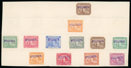 Stamp of Egypt » 1879 De La Rue » Proofs 5pa to 10pi all affixed to an archival part page, all showing violet SPECIMEN handstamp, applied by the Natal Post Office from there UPU specimen archive, the twelve specimens represent the three groups of the fourth iss