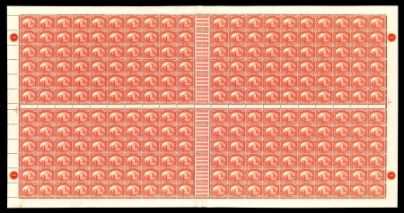 Stamp of Egypt » 1888-1906 New Currency 4m vermilion, complete mint and mint nh sheet of 240 consisting of four panes of sixty stamps divided by gutter margins, showing plate "1" in all four corners, fresh, very fine, and scarce in this complete sheet format
