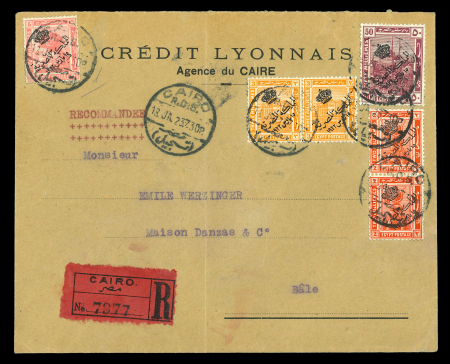 Stamp of Egypt » 1922 Crown Overprints 1922 Type I: 50m purple, 2m and 3m pair, plus 5m single, all tied in registered cover from Cairo to Bale, Switzerland, also 100m slate-black, on parcel cards with King Fouad 15m and 20m, a fine and scarce pair of high va