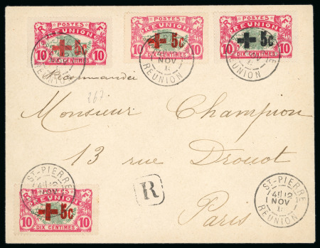 Stamp of Colonies françaises » Réunion Réunion 1915, 2 lettres reccom. avec 1915-16 Croix-Rouge affr., surch. carmine, rouge & noir