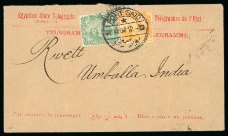 Stamp of Egypt » 1888-1906 New Currency 2m green and 3m orange-yellow, tied PORT SAID/22.4.08 cds on Egyptian State Telegraph cover sent to Umballa. India, very fine and a very rare usage
