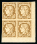 Stamp of France » Type Cérès de 1849-1850 1850, Cérès n°1 10c bistre-jaune nuance foncée, bloc de 4, en coin de feuille avec belles marges