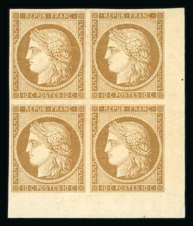 Stamp of France » Type Cérès de 1849-1850 1850, Cérès n°1 10c bistre-jaune nuance foncée, bloc de 4, en coin de feuille avec belles marges