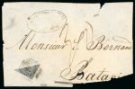 Stamp of India » Used Abroad » Straits Settlements » Singapore (172) 1855 4a black on blue diagonal bisect on large part front from Singapore to Batavia