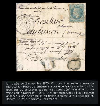 Stamp of France » Ballons Montés 1870, exceptionnelle lettre envoyée par le 43ème ballon