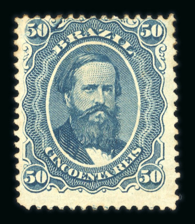 Stamp of Brazil » 1866-83 Dom Pedro » 1866 "Black Beard" Issue 1866 Dom Pedro II 50r with plate flaw "chapa quebrada" broken plate at top left corner on rare strong bluish paper, unused