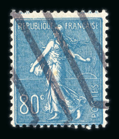 Stamp of France » Émissions à partir de 1900 1924-1932, Semeuse lignée 80c bleu paraoblitéré, timbre