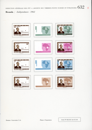 Stamp of Rwanda 1962-74, RWANDA, Selection of 4 issues, mostly progressive die proofs from Courvoisier archive