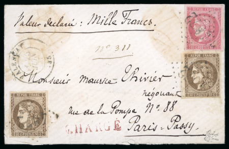Stamp of France » Emission de Bordeaux 1870 1871, très jolie enveloppe chargée à 1000fr affranchie