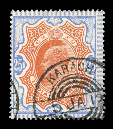Stamp of India » 1855-1946 De La Rue and later Crown Colony Issues 1902-11 25R brownish orange and blue with neat Karachi telegraph cance