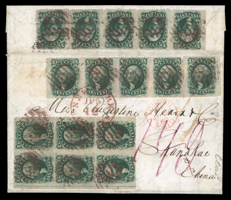 Stamp of China » Incoming Mail 1857-61 Washington 10c green, type V multiple franking on cover to China