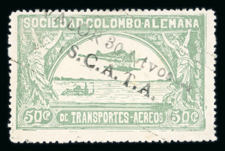 Stamp of Colombia » Airmails 1921 "Valor 30 ctvos, S.C.A.D.T.A." on 50c pale green airmail surcharge, mint l.h.