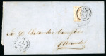 Stamp of Uruguay 1859 60c pale lilac, thick figures, fine impression, in vertical bisect tied by Salto "scarab" to entire letter
