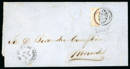 Stamp of Uruguay 1859 60c pale lilac, thick figures, fine impression, in vertical bisect tied by Salto "scarab" to entire letter