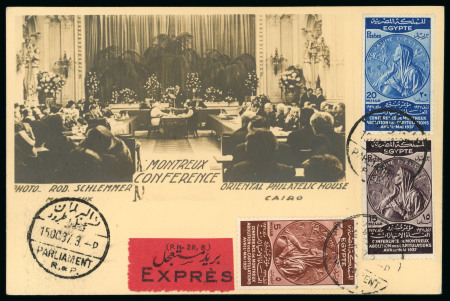 Stamp of Egypt » Commemoratives 1937 Montreux Conference set of three on picture side of a picture postcard depicting the event, tied by Parliament 1937 (Oct 15) cds (first day of issue, the actual date set for the abolition of the consular courts), si