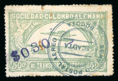 Stamp of Colombia » Airmails 1921 "$030" on 50c SCADTA pale green airmail surcharge used