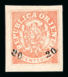 Stamp of Uruguay 1866 20c on 6c brick-red showing variety left surcharge