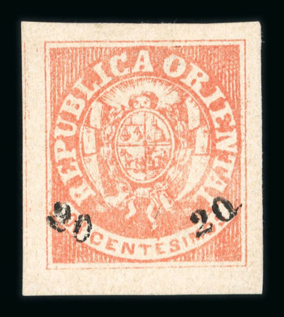Stamp of Uruguay 1866 20c on 6c brick-red showing variety left surcharge