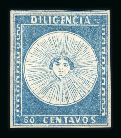 Stamp of Uruguay 1856 Diligencia 60c blue, 60c dark blue, 80c green and 1r pale red unused