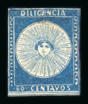 Stamp of Uruguay 1856 Diligencia 60c blue, 60c dark blue, 80c green and 1r pale red unused