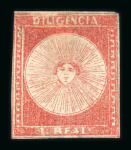 Stamp of Uruguay 1856 Diligencia 60c blue, 60c dark blue, 80c green and 1r pale red unused