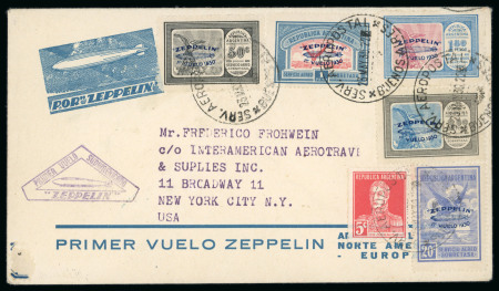 Stamp of Argentina » Airmails / Air Post 1930 Zeppelin airmail set with blue ovpt on 1930 (May 23) first South America flight printed envelope to USA