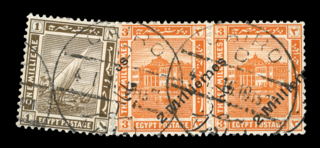 Stamp of Egypt » 1914-1922 Pictorials 1915 Surcharge 2m on 3m orange, horizontal pair showing surcharge à cheval applied  horizontally in combination with Pictorial 1m, tied CAIRO cds on fragment, plus mint single from position 190 with plate flaw, a fine an