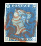 Stamp of Great Britain » 1840 2d Blue (ordered by plate number) 1840 2d Blue pl.1 FG with very good to large margins, crisp red and complete red MC