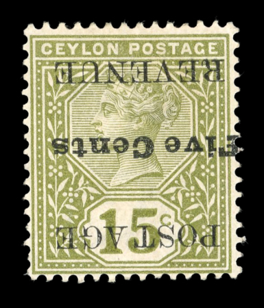Stamp of Ceylon 1890 5c on 15c Olive-Green with SURCHARGE INVERTED mint