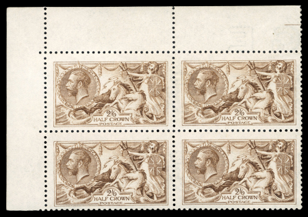 Stamp of Great Britain » King George V » 1913-19 Seahorse Issues 1915 De La Rue 2s6d yellow-brown mint n.h. block of four with variety watermark reversed