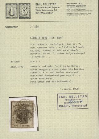 1849, grosser Adler dunkelgrün, auf Faltbrief von Genf in die Enklave Céligny
