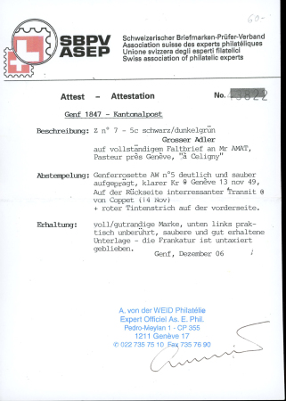 1849, grosser Adler dunkelgrün, auf Faltbrief von Genf in die Enklave Céligny