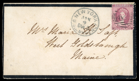 Stamp of Bahamas Bahamas 1874 mourning envelope to USA, postage due