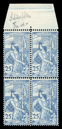 Stamp of Switzerland / Schweiz » Weltpostverein UPU 1900, UPU 25 Rp. blau, 1. Platte, im Viererblock